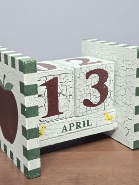 Wooden Apple Themed Wood Block Perpetual Calendar Wood Blocks Month Date Display